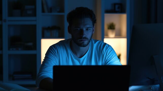 A lone man sitting at his desk in a clean and tidy room at 2AM, face illuminated by the cold blue glow of a computer monitor