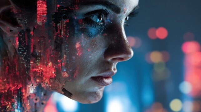 Futuristic Cyborg Woman with Embedded Computer Chips Face Close-Up