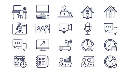 Fototapeta premium Work from home icons remote work and technology symbols for online communication and business flat vector.