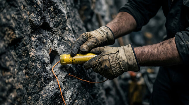 Person inserting device into rock