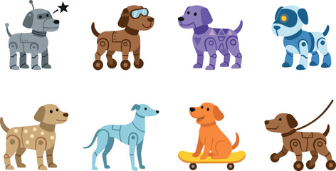 Fototapeta premium Set of Cute Robot Dogs Illustrations Featuring Various Breeds, Colors, and Accessories for Children, Technology, Toys, Games, and Futuristic Pet Designs