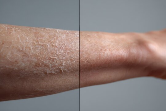 Comparison of dry flaky skin on human arm before treatment with comparison skincare dermatology dehydrated moisturizer dermatological treatment epidermis cutaneous condition moisturizing