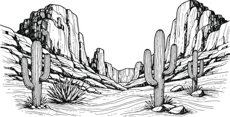 Sonoran Desert landscape with saguaro cacti and rugged mountains in a detailed line drawing © Ishtiaq