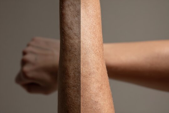 Split view comparison of dry versus hydrated skin on human forearm with comparison hydrated skincare dermatology moisturizer dermatological treatment epidermis cutaneous condition dermatitis