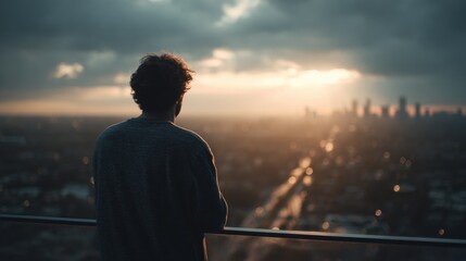 Fototapeta premium Person Standing on Urban Balcony During Sunset Overlooking Cityscape