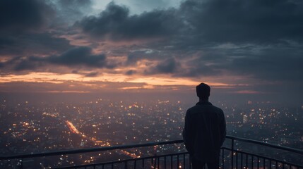 Fototapeta premium Man Standing on Balcony Overlooking Cityscape During Sunset