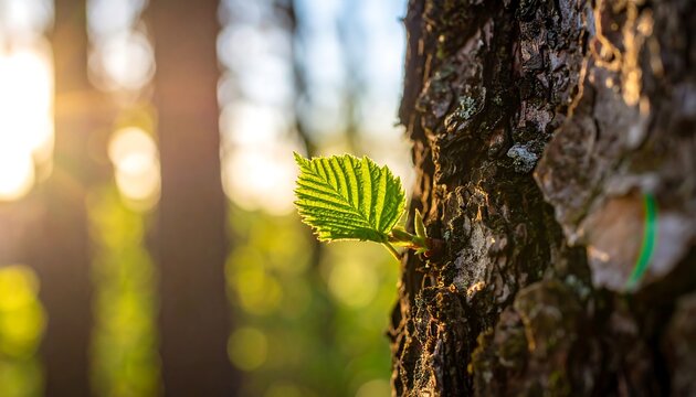 Close-up of a tree trunk with a single, vibrant green leaf budding. Sunlight filters through the blurred forest background