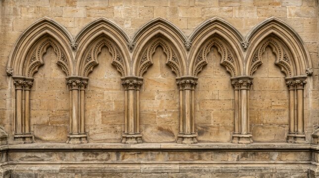 Gothic Arcade Architecture Row of Five Arches with Columns on Stone Wall