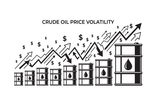 Crude oil price volatility vector illustration, global energy market financial chart with oil barrels and dollar signs, rising fuel cost graph