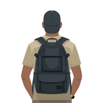 Simple vector art of a man viewed from behind, wearing a backward cap and backpack, designed with modern travel vibes and minimal illustration style.