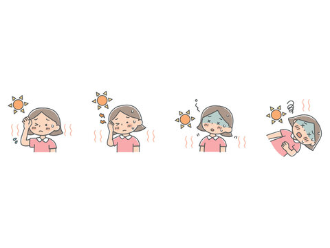 熱中症の重症度を表す女の子の症状イラストセット