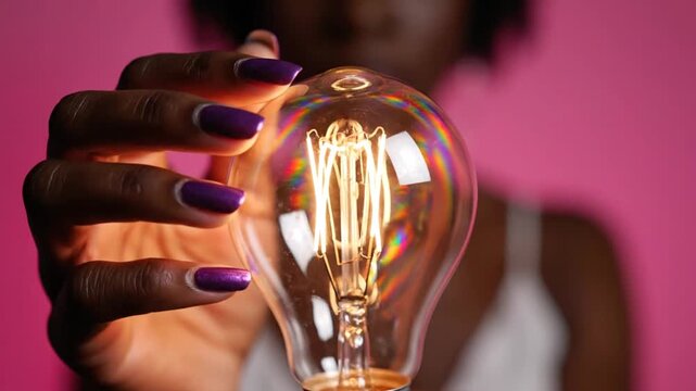 Hand holding glowing light bulb against vibrant pink background