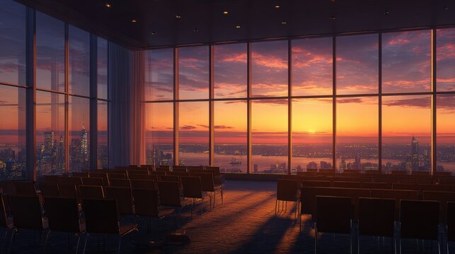 Modern conference room with panoramic sunset view of city skyline and water