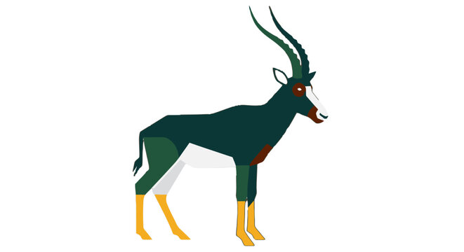 Illustrated green antelope with geometric design elements.