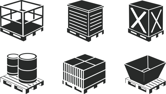 Warehouse pallet cargo collection vector silhouette illustration with industrial packaging storage and logistics set design