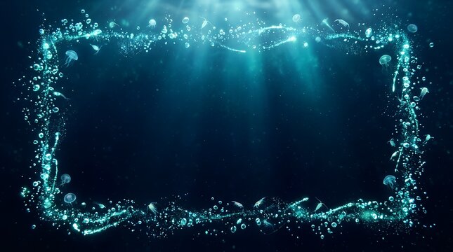 Underwater Deep Sea Effect Frame on Dark Background &ndash; Blue Water Bubble Border for Ocean Theme Aquarium Design