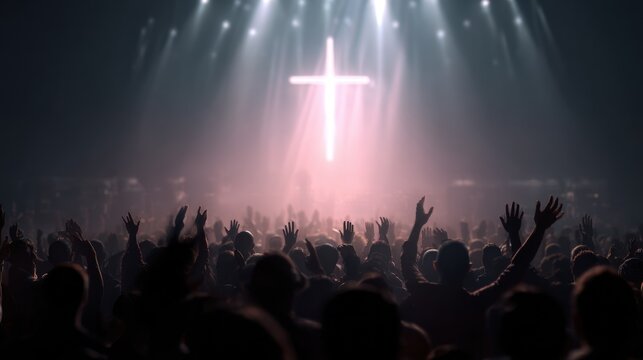 Silhouette of crowd of believers raising hands in front of illuminated cross at religious event