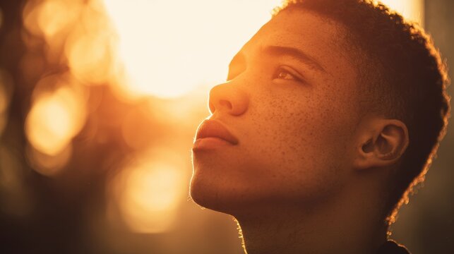 Young man with freckles looking contemplative during golden hour sunset