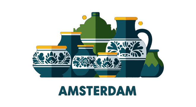 Colorful Amsterdam Ceramic Pottery and Souvenir Illustration.