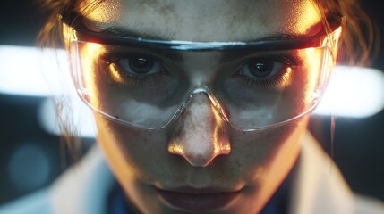 Fototapeta premium Close-up of a female scientist wearing safety goggles in laboratory setting
