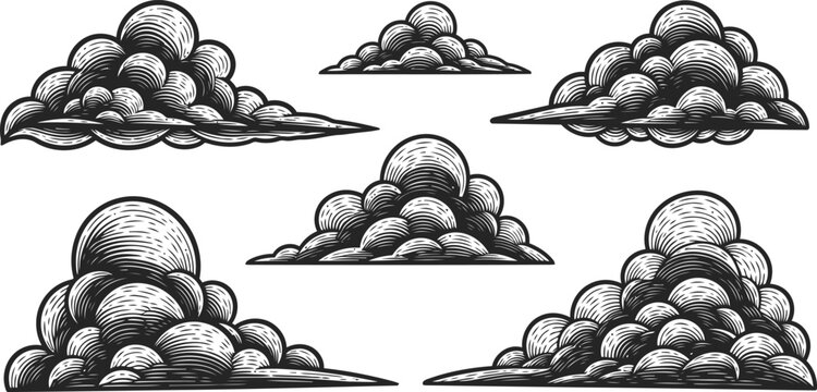 Stylized monochrome cloud formations arranged in a repeating pattern for graphic design elements