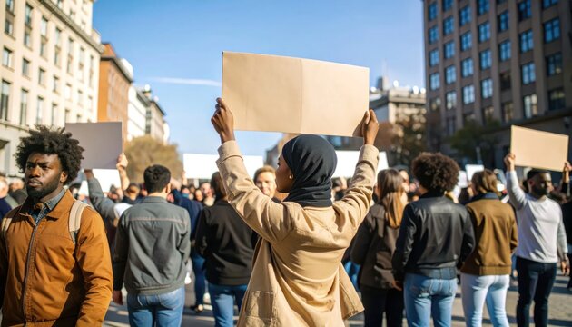 Diverse group of people holding blank signs at a protest march on a city street.