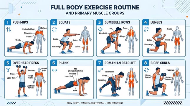 Full Body Exercise Routine and Muscle Group Workout Chart