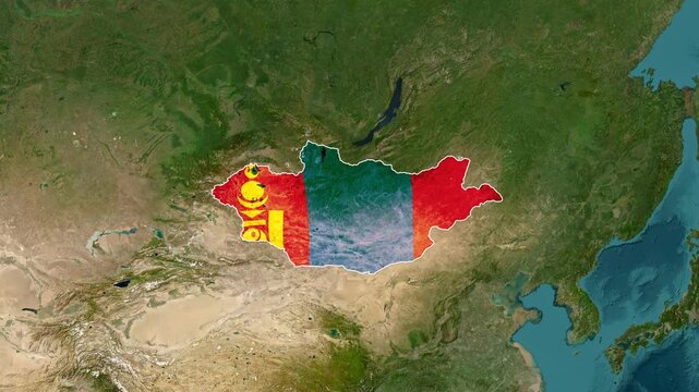 animated Mongolia map overlayed with its national flag motion graphics video clip