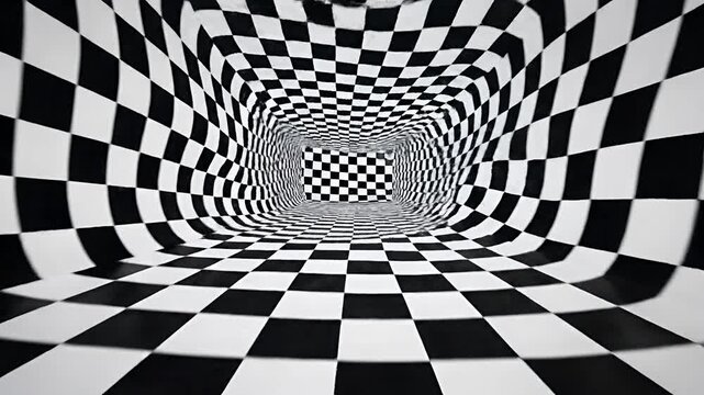 Abstract Black and White Chessboard Tunnel Optical Illusion.