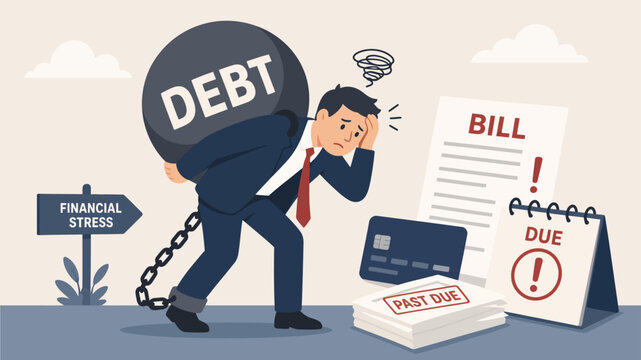 Businessman carrying heavy debt weight with unpaid bills and past due financial notices illustrating economic stress