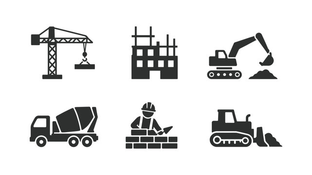 Construction industry icon set featuring tower crane building site excavator cement mixer truck and bricklayer