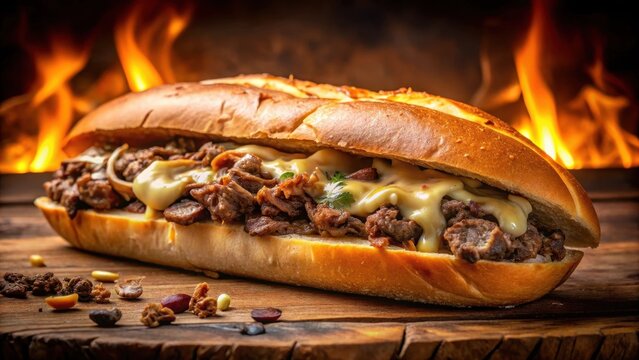 Toasted philadelphia philly cheese steak sandwich on a crusty bun