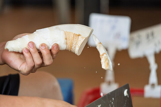 Close up of fresh bamboo shoots being sliced by hand
