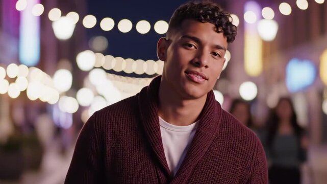 Night street portrait of a young man with curly fringe fade hair, burgundy knit cardigan, soft smile, glowing city bokeh lights, friendly modern lifestyle fashion mood, urban evening, shallow focus