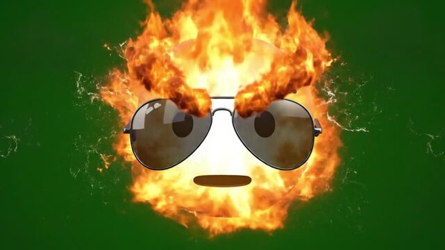 Ultra realistic 3D angry fire emoji character with reflective sunglasses performing a seamless loop animation dynamic flickering flames growing brighter with each pulse expressive rage face with angry