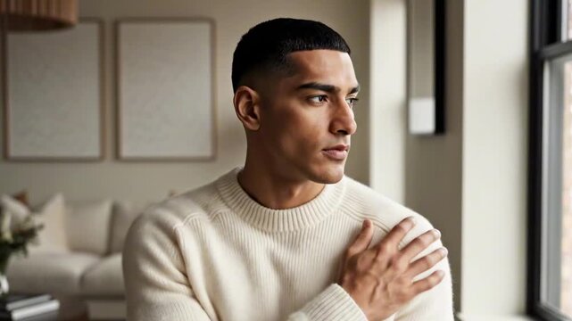 Window light portrait of a young man with precise buzz fade haircut, cream ribbed sweater, calm side gaze, warm apartment interior, minimalist lifestyle fashion mood, quiet elegance, soft home light