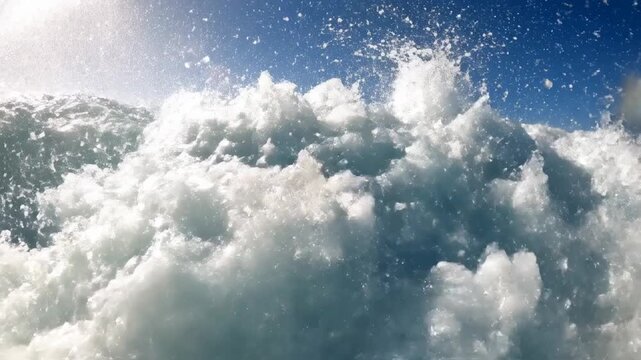 Powerful ocean wave cresting with white foam and spray under a clear blue sky, dynamic water motion, natural power and beauty