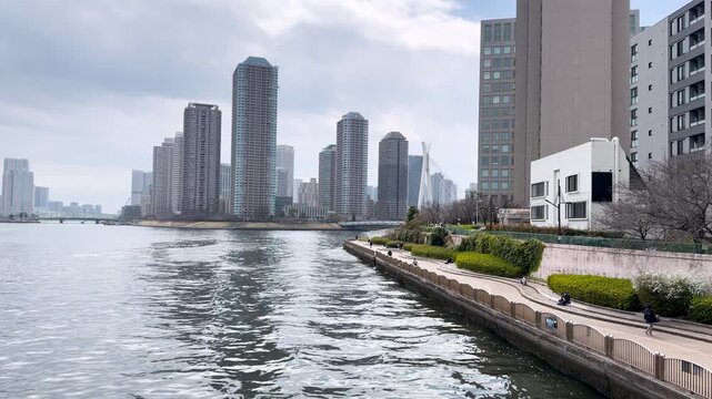 Tokyo Cityscape View of Sumida River and Waterfront Skyscrapers