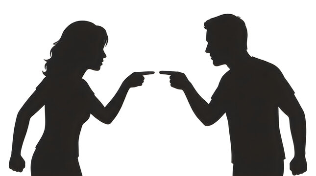 Man and woman silhouettes pointing fingers at each other, depicting blame and conflict, isolated on white background.