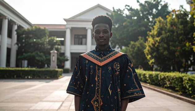 Young African graduate in traditional attire standing in front of a university building.