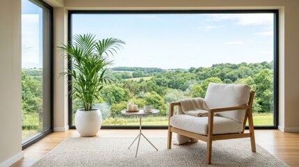 Fototapeta premium Cozy Living Room with Armchair and Balcony View of Green Hills and Blue Sky