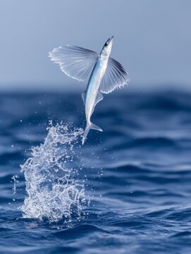 Dynamic Flying Fish Leaping from the Ocean with Wings Spread and Water Splash