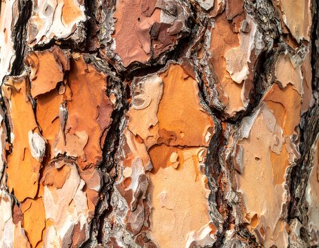 Close-up of a tree trunk with intricate bark patterns, showcasing a palette of warm brown, orange, and gray hues