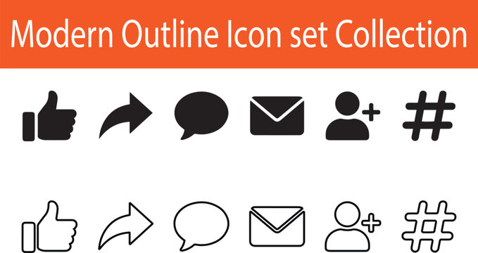 Modern Outline Icon Set Collection - Like Share Comment Email Follow and Hashtag Vector Icons Modern Outline Icon Collection