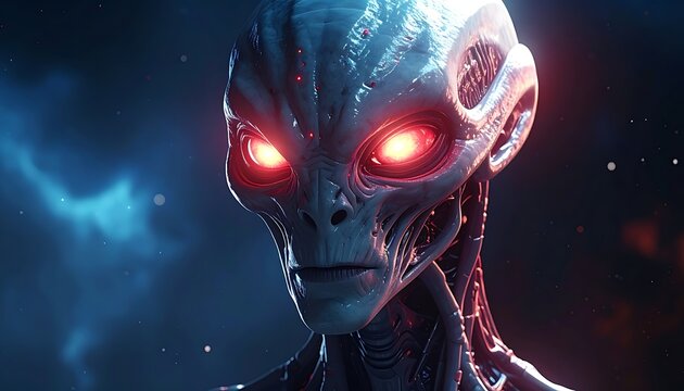 A futuristic alien creature with glowing red eyes against a starry background