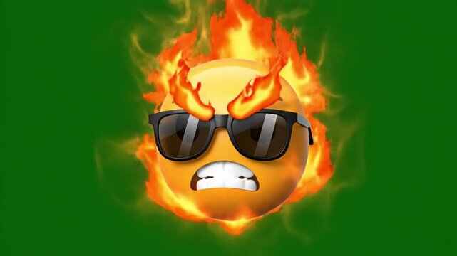 Stylized 3D angry fire emoji character wearing dark sunglasses realistic fiery glow with dynamic flame simulation sharp animated flame edges and pulsing heat energy furious facial expression smooth se