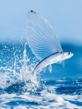Dynamic Shot of a Flying Fish Leaping from Ocean Waves with Wings Spread Wide