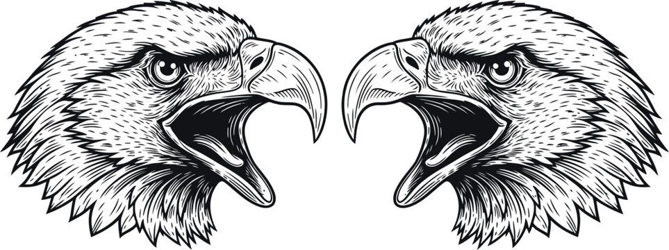 Two detailed eagle heads with open beaks in a symmetrical black and white engraving style illustration