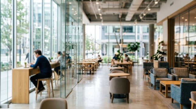 Modern Coffee Shop Interior with Natural Light, People Working and Relaxing