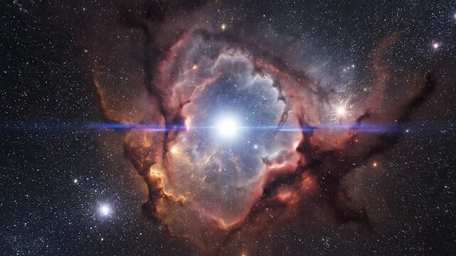 Vibrant nebula in deep space, bright star glowing amidst cosmic dust and gas clouds, distant stars twinkling, ideal for science or exploration themes